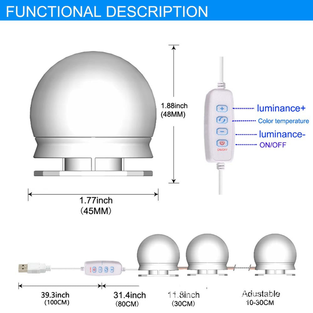 Hollywood Style LED Vanity Mirror Lights Kit with 10 3Colors Adjustable 1.77'' Light Bulbs, Perfect for Makeup Vanity Table Set in Dressing Room