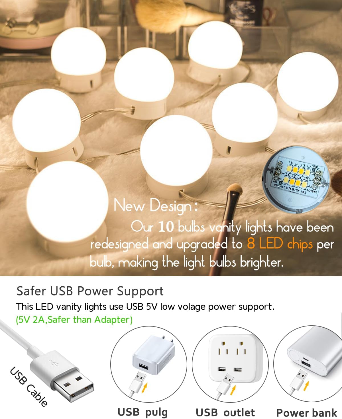 LED-Kosmetikspiegel-Beleuchtungsset im Hollywood-Stil mit 10 in 3 Farben einstellbaren 1,77-Zoll-Glühbirnen, perfekt für das Schminktisch-Set im Ankleidezimmer