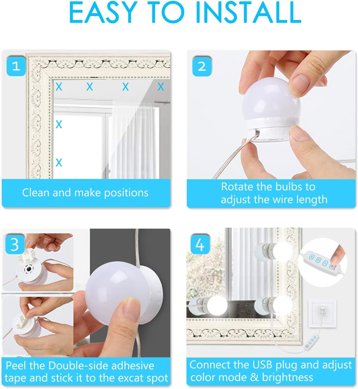 Hollywood Style LED Vanity Mirror Lights Kit with 10 3Colors Adjustable 1.77'' Light Bulbs, Perfect for Makeup Vanity Table Set in Dressing Room