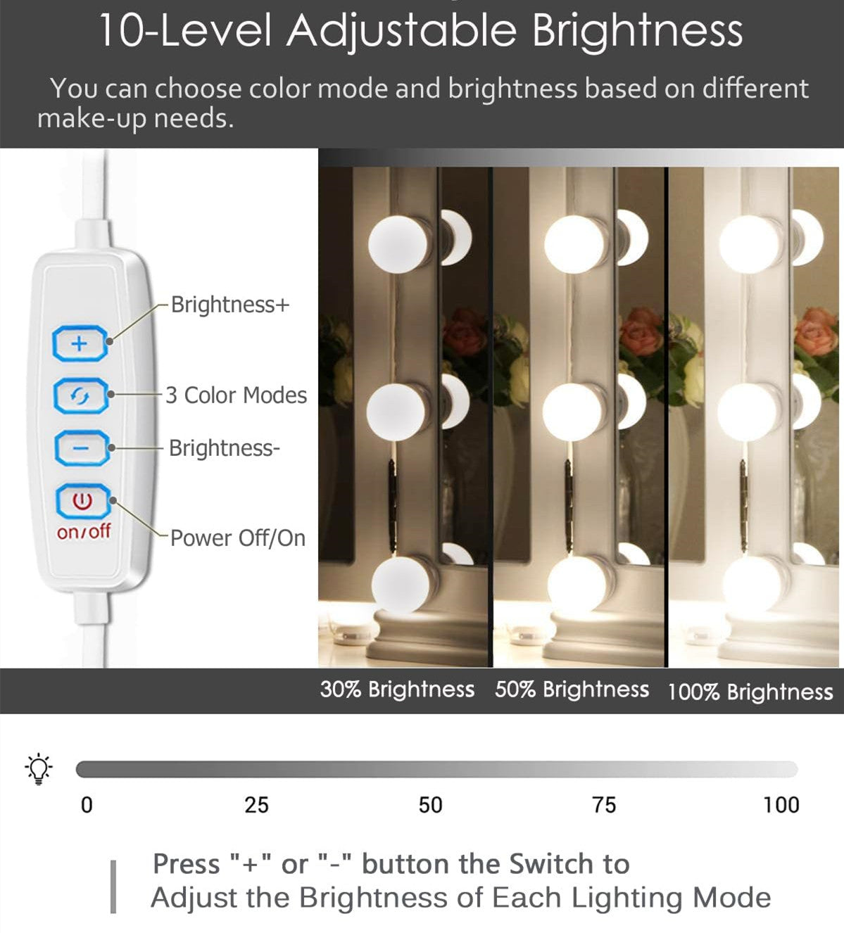 Hollywood Style LED Vanity Mirror Lights Kit with 10 3Colors Adjustable 1.77'' Light Bulbs, Perfect for Makeup Vanity Table Set in Dressing Room