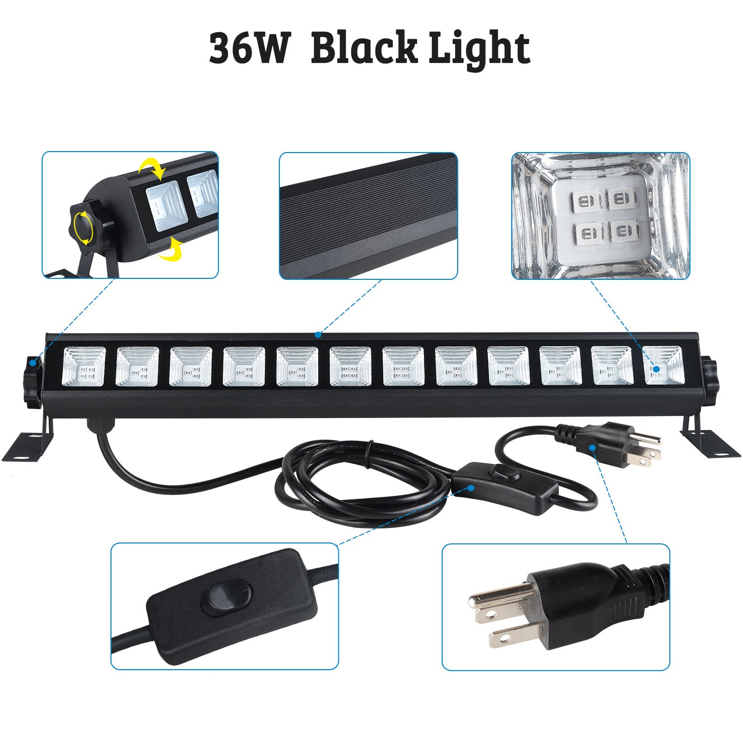 36W UV LED Wall Washer Light – 395–400nm Black Light | AC110V / AC220V | Plug-in with On/Off Switch | Fluorescent Effect for Stage, Party & Event Lighting | 1 / 2-Pack