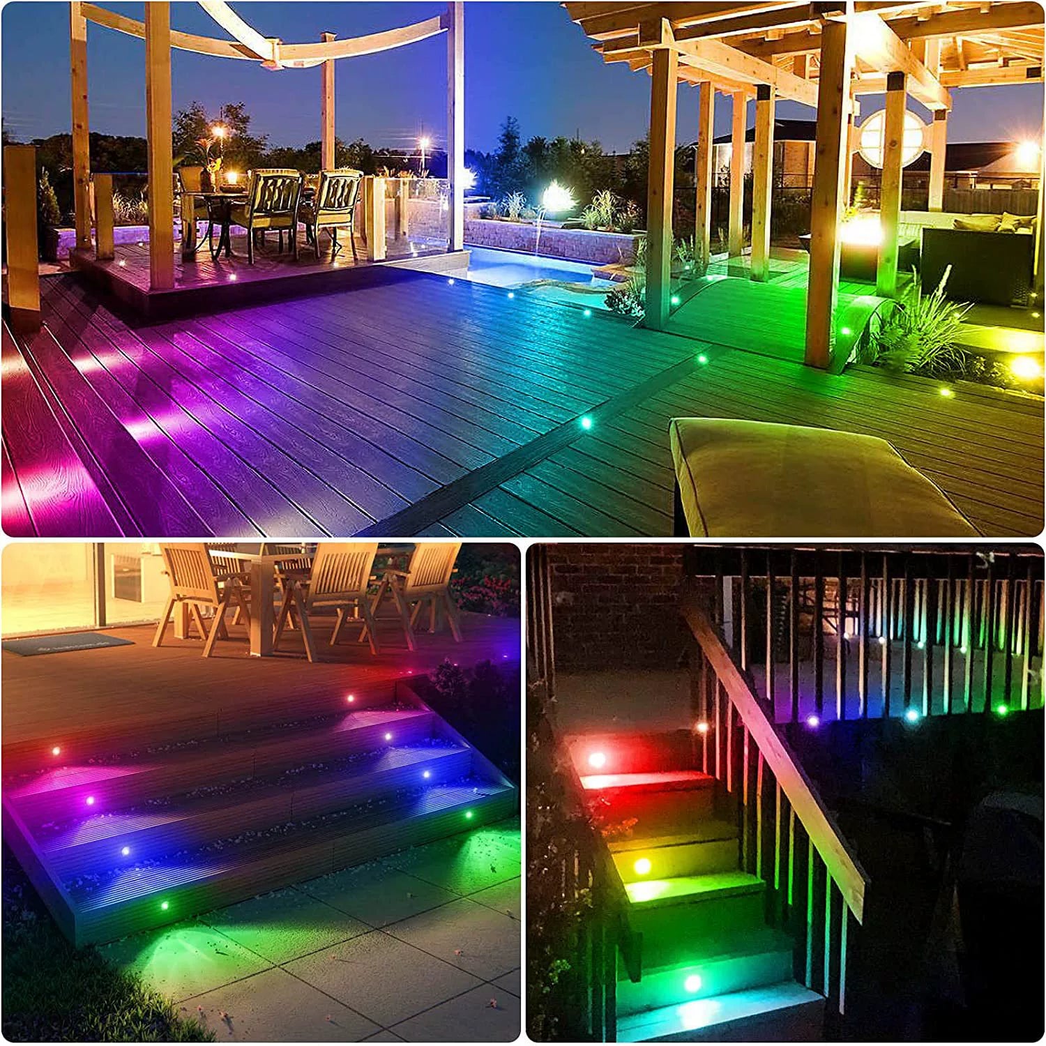 10-Pack RGB Recessed LED Deck Lights – Remote Control | AC100–265V Input with Power Adapter | US / EU / UK / AU Plug Options | IP67 Waterproof Inground Step Lights Kit for Deck, Garden, Yard, Stairs & Pathway Lighting