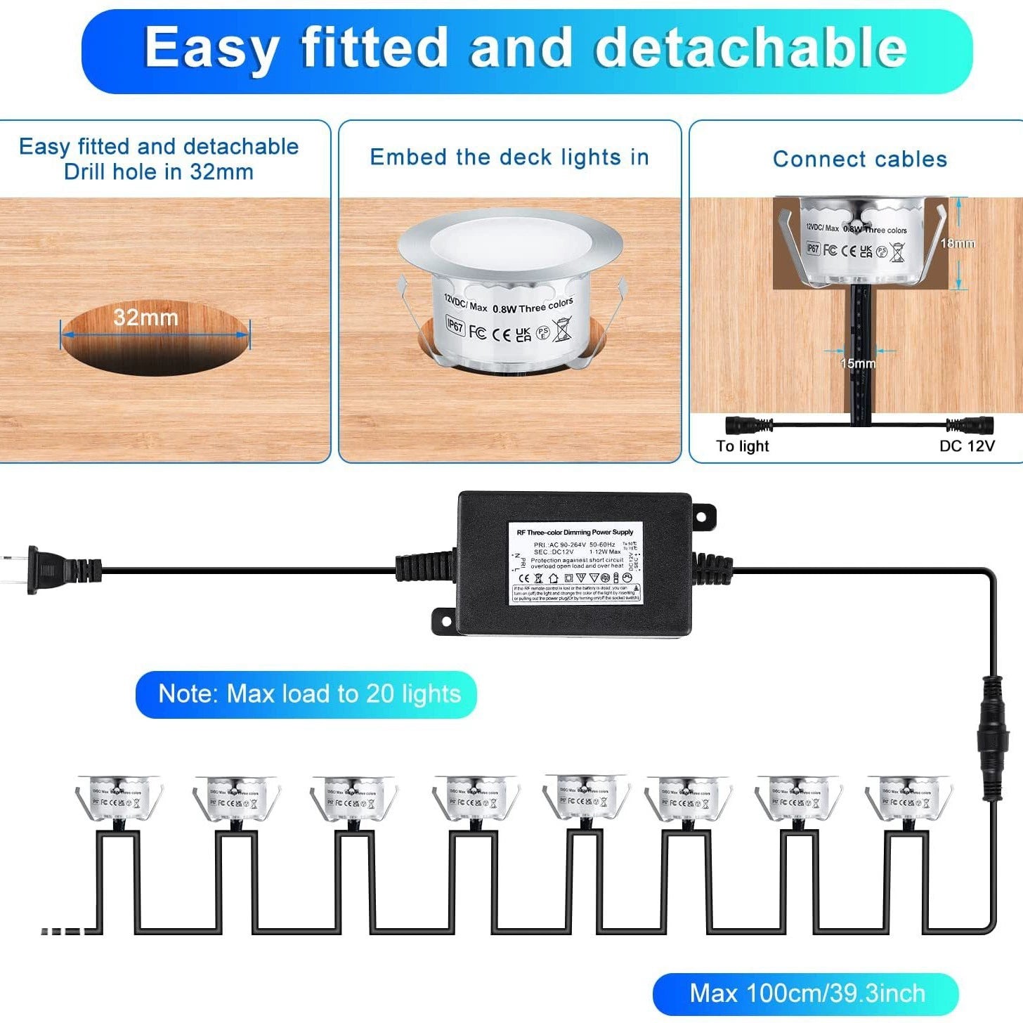 10-Pack Recessed LED Deck Lights – 0.8W Each | 3CCT Selectable 3000K / 4000K / 6000K | Remote Control Color Temperature Switching | AC100–265V Input with Power Adapter | US / EU / UK / AU Plug Options | IP67 Waterproof Inground Step Lights Kit