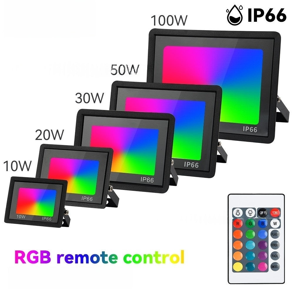 RGB LED Flood Light with 24-Key IR Remote – 20W to 200W, IP66 Waterproof Outdoor Landscape and Stage Light, Tempered Glass & Aluminum Housing, 16 Color Modes, Memory Function, AC100–265V
