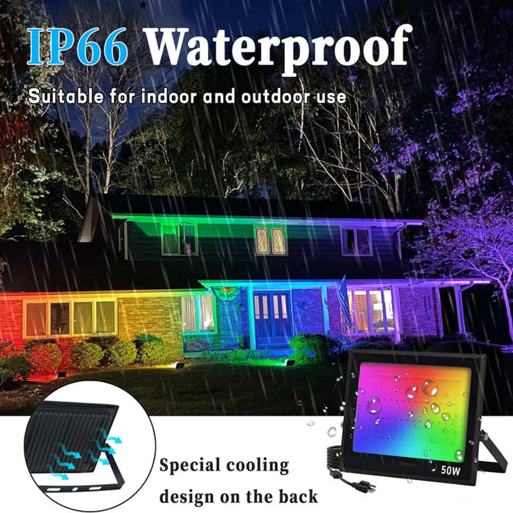 RGB LED Flood Light with 24-Key IR Remote – 20W to 200W, IP66 Waterproof Outdoor Landscape and Stage Light, Tempered Glass & Aluminum Housing, 16 Color Modes, Memory Function, AC100–265V