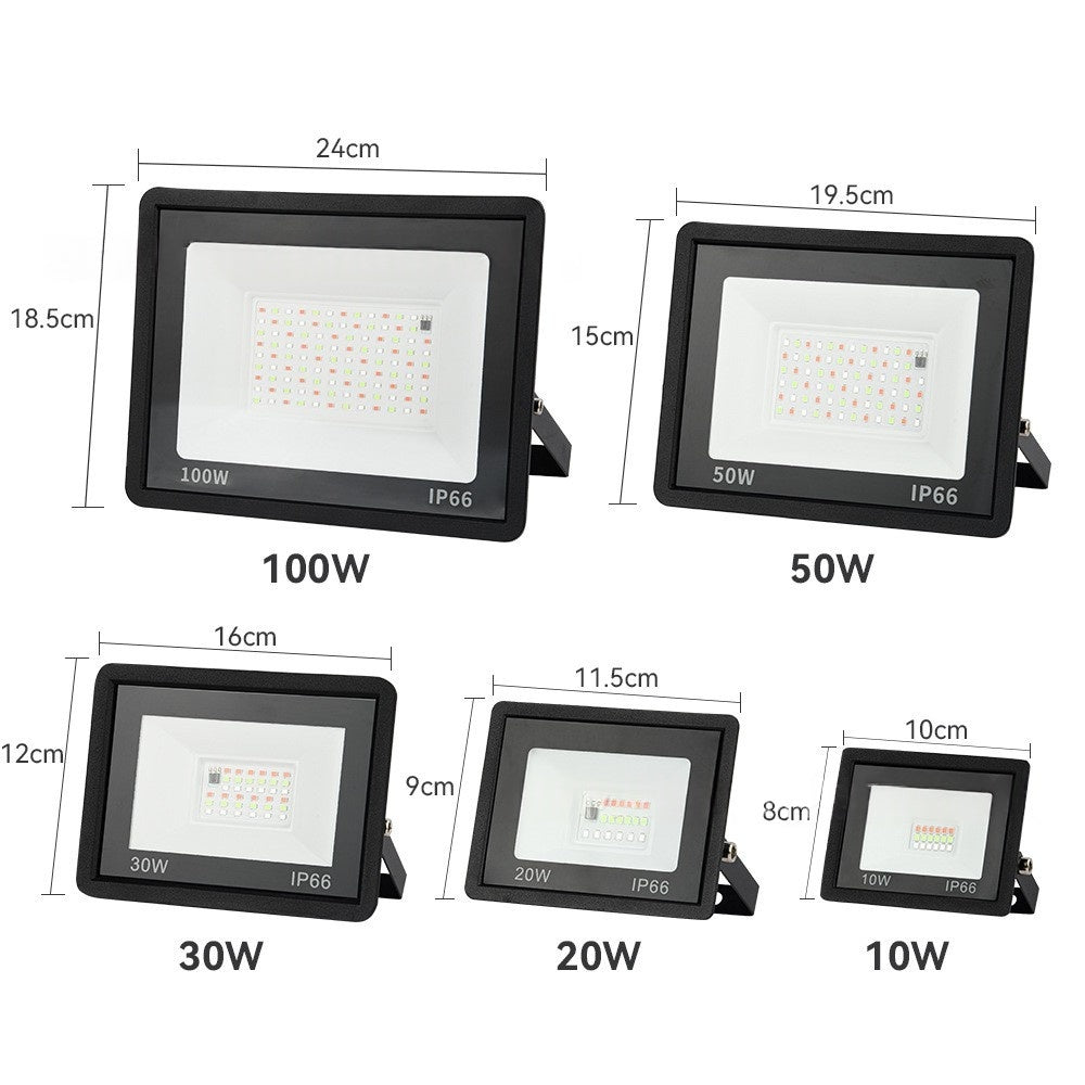 RGB LED Flood Light with 24-Key IR Remote – 20W to 200W, IP66 Waterproof Outdoor Landscape and Stage Light, Tempered Glass & Aluminum Housing, 16 Color Modes, Memory Function, AC100–265V