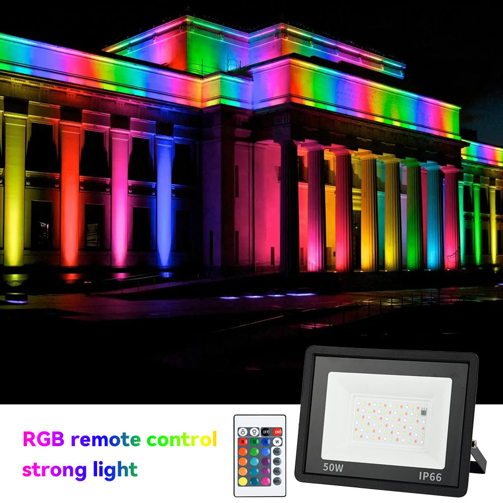 RGB LED Flood Light with 24-Key IR Remote – 20W to 200W, IP66 Waterproof Outdoor Landscape and Stage Light, Tempered Glass & Aluminum Housing, 16 Color Modes, Memory Function, AC100–265V