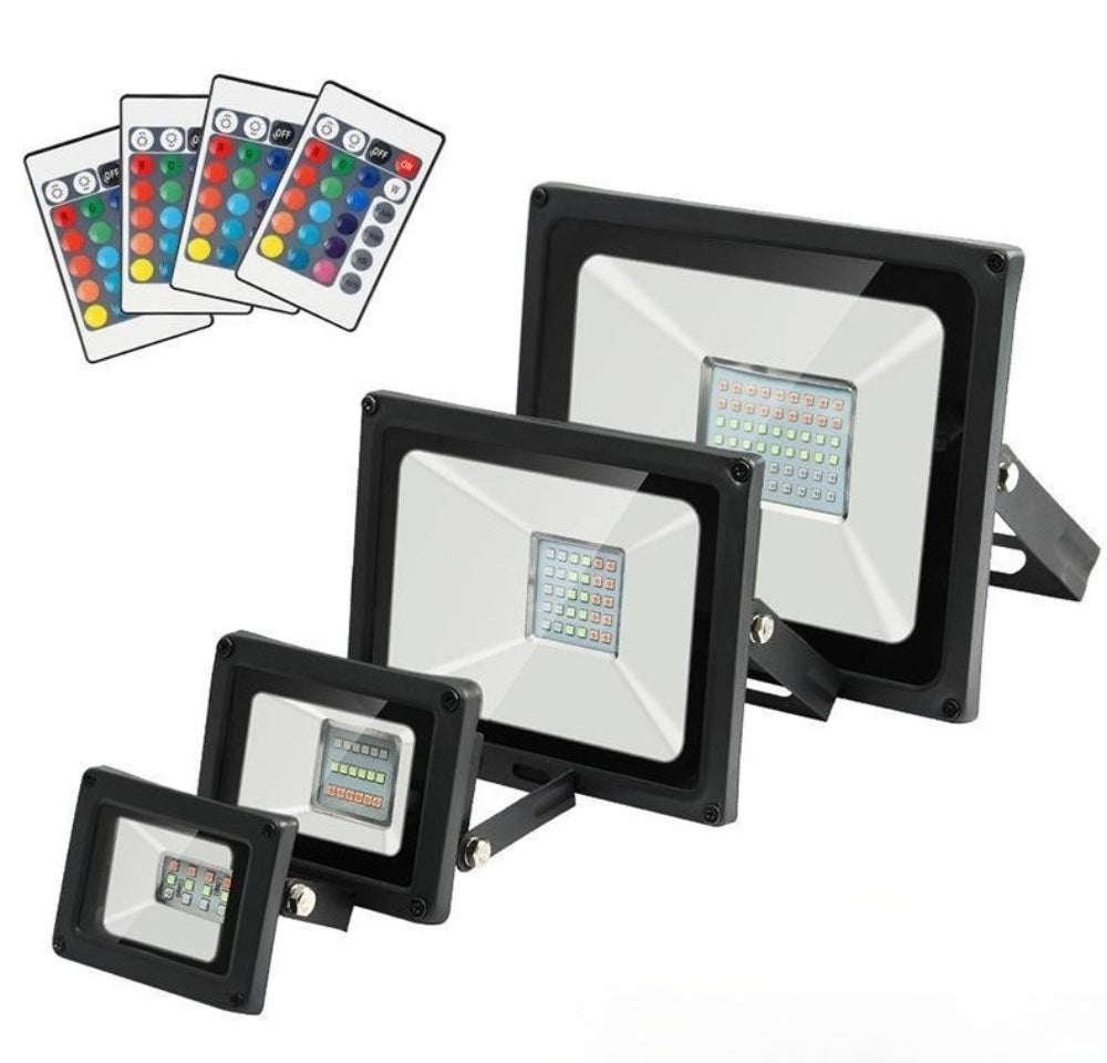 RGB LED Flood Light with 24-Key IR Remote – 20W to 200W, IP66 Waterproof Outdoor Landscape and Stage Light, Tempered Glass & Aluminum Housing, 16 Color Modes, Memory Function, AC100–265V