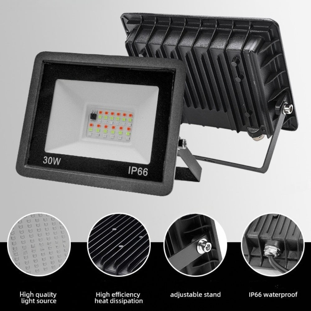 RGB LED Flood Light with 24-Key IR Remote – 20W to 200W, IP66 Waterproof Outdoor Landscape and Stage Light, Tempered Glass & Aluminum Housing, 16 Color Modes, Memory Function, AC100–265V