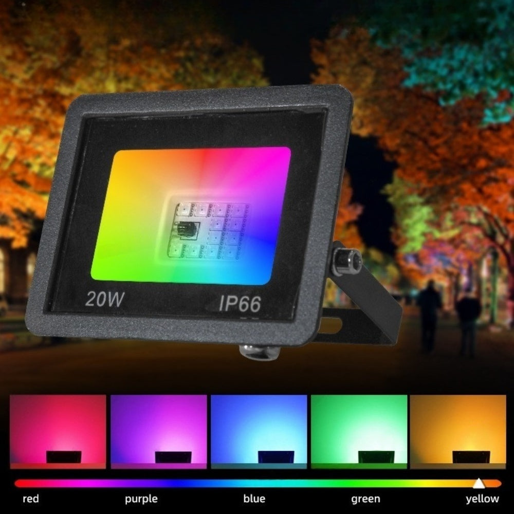 RGB LED Flood Light with 24-Key IR Remote – 20W to 200W, IP66 Waterproof Outdoor Landscape and Stage Light, Tempered Glass & Aluminum Housing, 16 Color Modes, Memory Function, AC100–265V