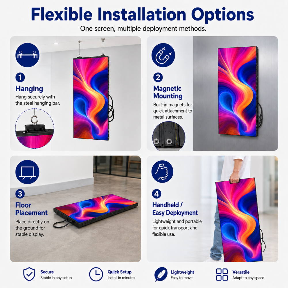 Écran LED enroulable série EP-RS | 500 × 1 000 mm | P2,6 / P1,95 / P1,56 / P1,25 | Léger, flexible et portable | Compatible avec suspension et installation magnétique