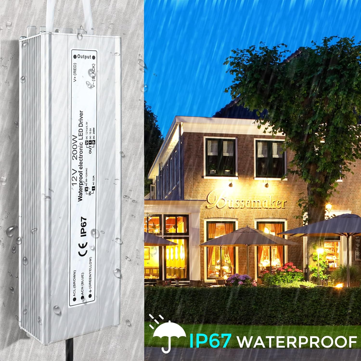 12V Waterproof LED Power Supply, 175–265V Input, 200W–500W, Single/Dual Wire Output, Outdoor LED Driver, CE/RoHS/FCC — UK/EU Plug & Wire Leads Options