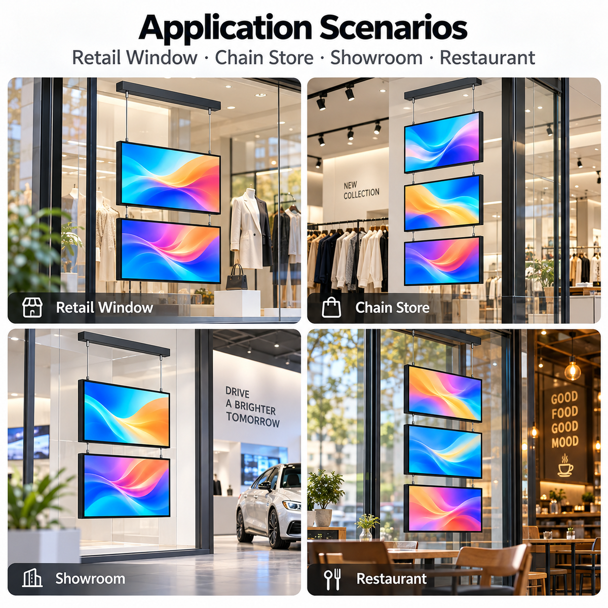 32" einseitiges 2500 Nits High Bright LCD-Fensterwerbedisplay, Android RK3568 2G+32G, ohne Touch, Cloud/APP/USB, Wandmontage/Bodenständer/Hängemontage