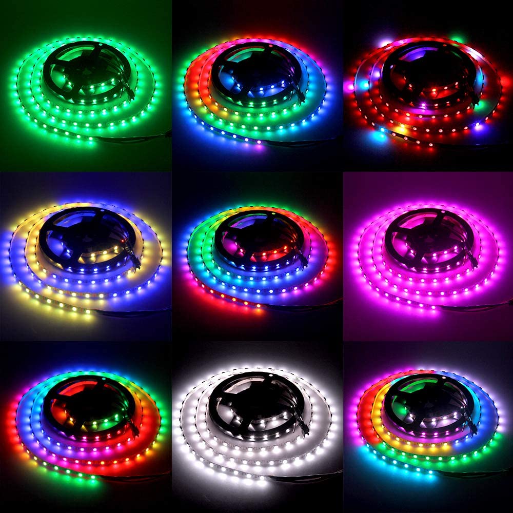 RGBIC LED Strip Light | WS2812 Individually Addressable | SMD5050 RGB | 60 LEDs/M | 5M (16.4FT) Roll | 5V DC | White/Black PCB | IP00/IP65/IP67 Options | Strip & Kit Packages