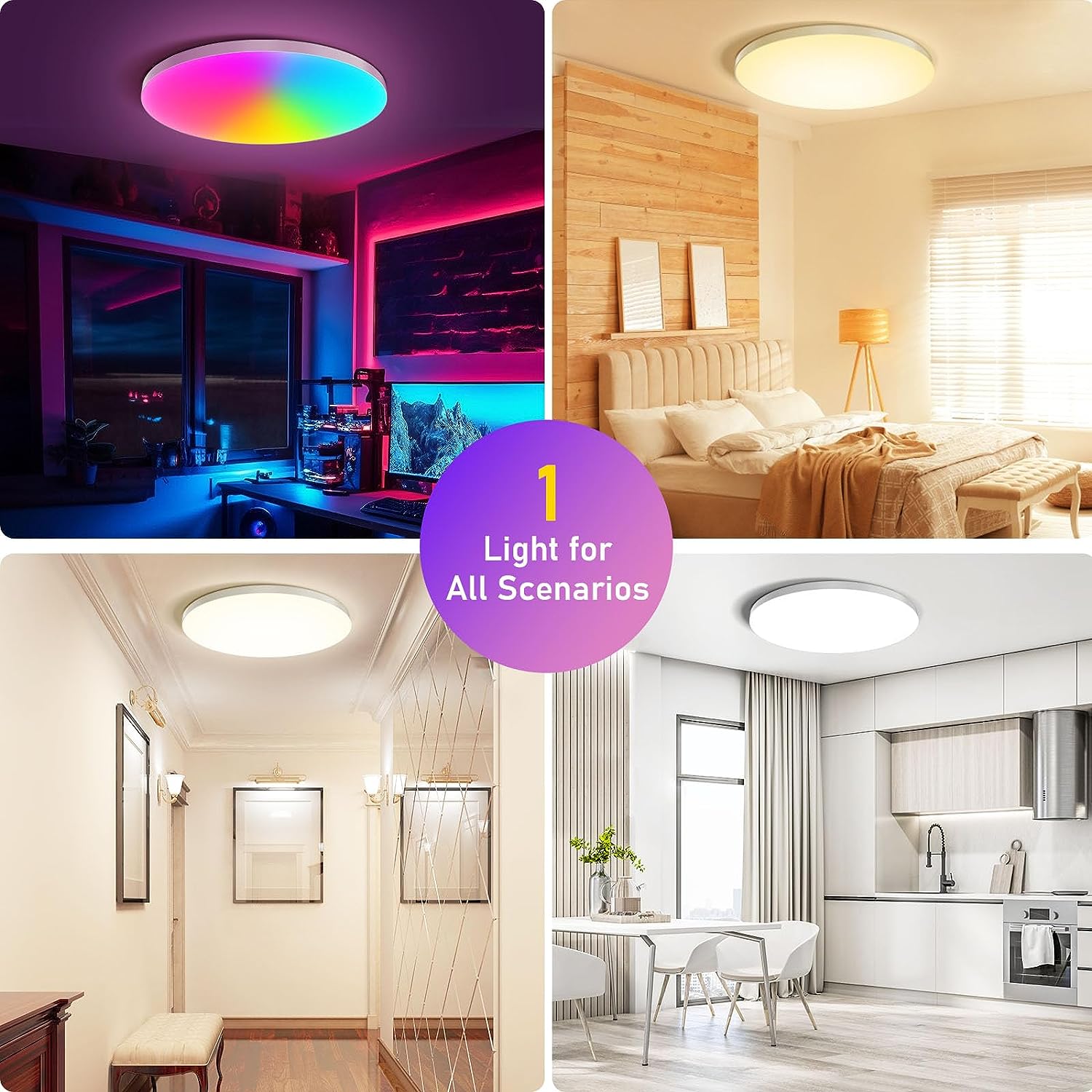 2er-Pack 24 W 12 Zoll Smart RGBCW Deckenleuchten RGB-Farbwechsel, 2700 K–6500 K einstellbar mit dimmbarer Helligkeit, kompatibel mit Alexa/Google Home/APP-Steuerung, WiFi-Licht für Schlafzimmer/Kinderzimmer/Party