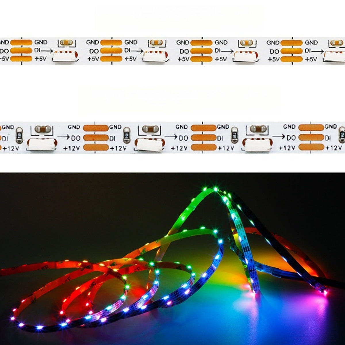 RGBIC LED Strip Light | WS2812 Individually Addressable | RGB Color | Side Emitting | SMD4020 RGB | 60 LEDs/M | 5M (16.4FT) Roll | 5V/12V DC | 5mm White PCB | Strip & Kit Packages