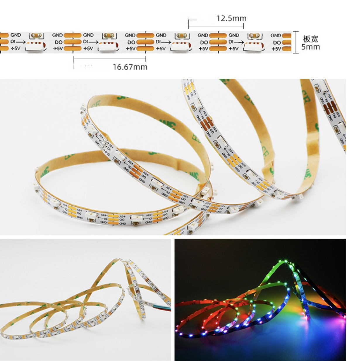 RGBIC LED Strip Light | WS2812 Individually Addressable | RGB Color | Side Emitting | SMD4020 RGB | 60 LEDs/M | 5M (16.4FT) Roll | 5V/12V DC | 5mm White PCB | Strip & Kit Packages