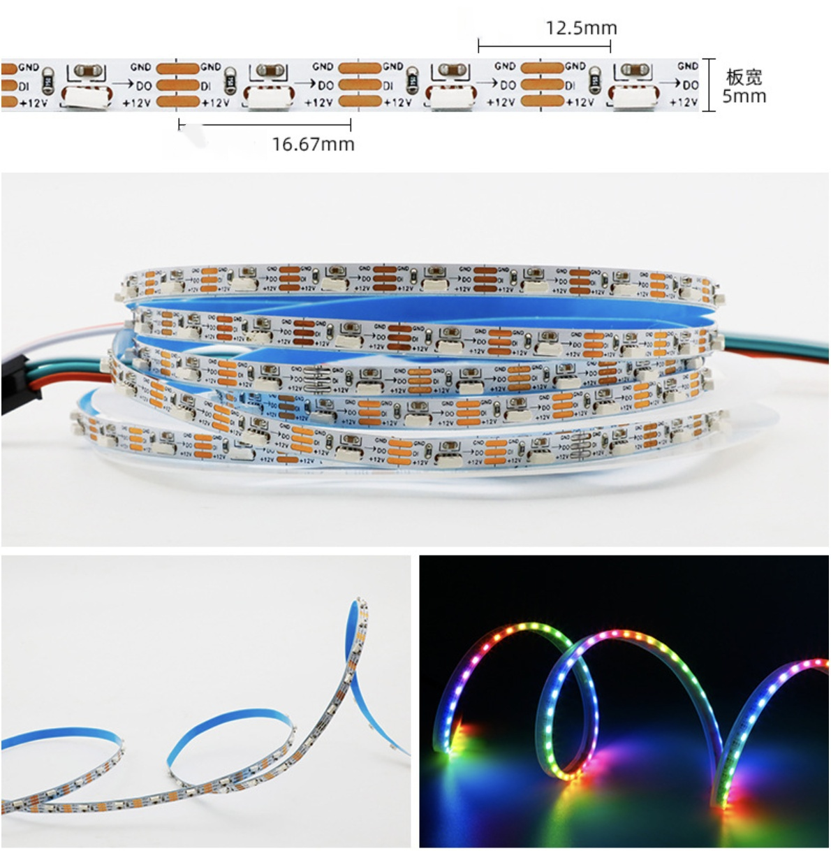 RGBIC LED Strip Light | WS2812 Individually Addressable | RGB Color | Side Emitting | SMD4020 RGB | 60 LEDs/M | 5M (16.4FT) Roll | 5V/12V DC | 5mm White PCB | Strip & Kit Packages