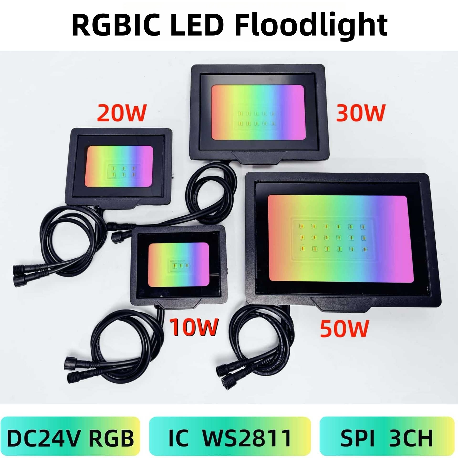 SPI WS2811 RGBIC Addressable LED Flood Light – 10W/20W/30W/50W, 24V DC IP66 Waterproof Outdoor Landscape Light, Aluminum Housing with Tempered Glass for Stage, Wall Wash, and Architectural Lighting