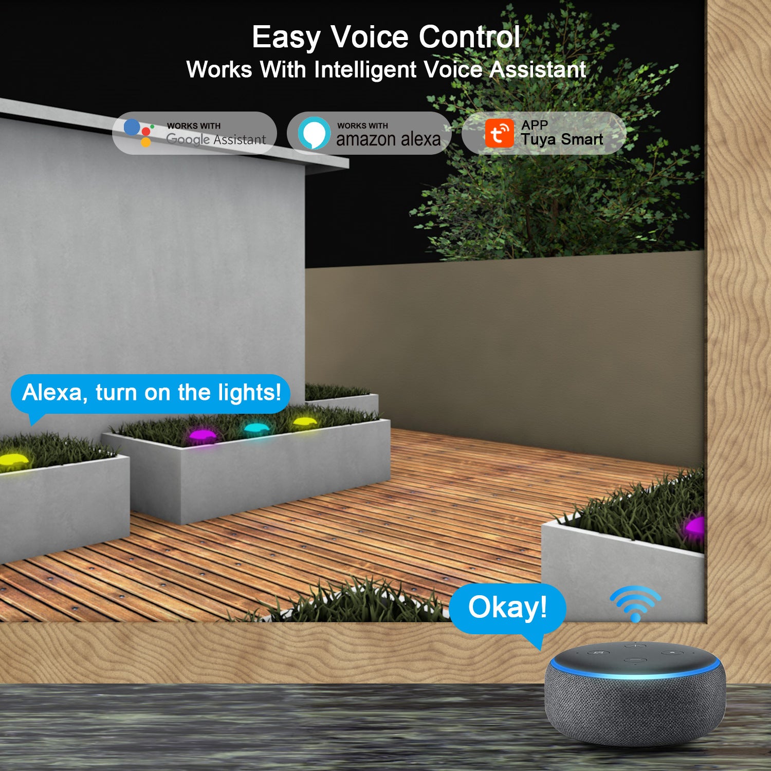 Bodenleuchten für den Außenbereich, 15 Glühbirnen, 10,8 m, intelligente RGB+IC-Wegeleuchten, APP-gesteuerte wasserdichte RGB-Landschaftsbeleuchtung, funktioniert mit Alexa