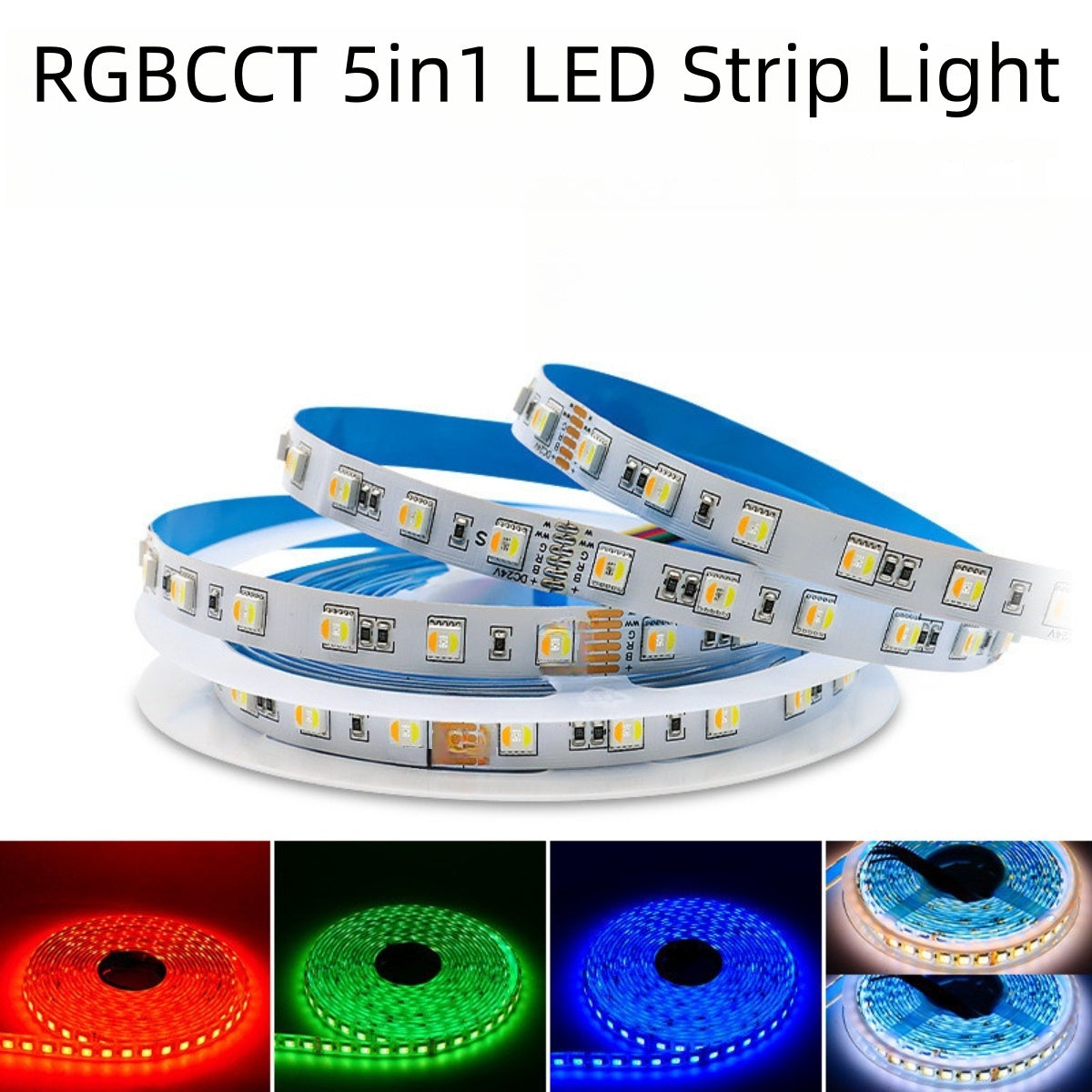 RGBCCT LED Strip Light | 12V DC | 5-in-1 SMD5050, 60 LEDs/M | 5M (16.4FT) Roll | 12mm White PCB | IP00/IP65/IP67 Options | Strip Only & Complete Kit