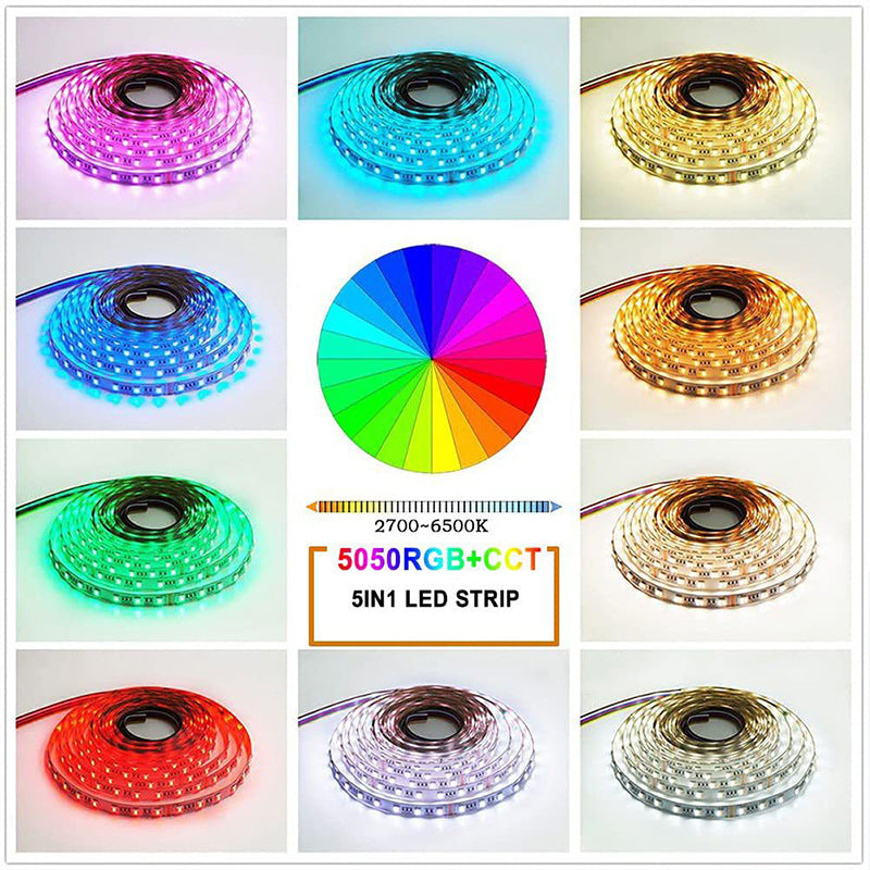 RGBCCT 5in1 LED Flexibles Streifenlicht, 16,4 Fuß (5 Meter) SMD5050-300, 60 LEDs pro Meter RGB und zwei weiße Farben, alles in einem LED-Bandlicht