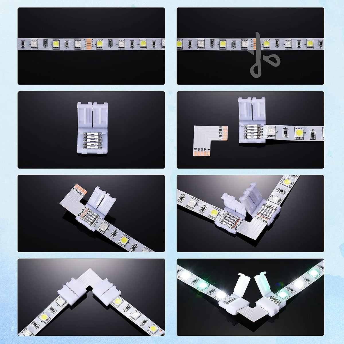 LED Strip Connector Kit – 12mm 5Pin RGBW Solderless Assortment Pack | Mixed Set with Strip to Strip with Wire / Strip to Strip Seamless / L / T, 5P Needle to Wire, Needle to Needle Y Shape Connector