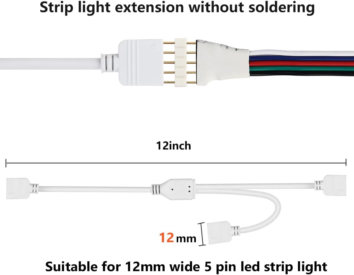 LED Strip Connector Kit – 12mm 5Pin RGBW Solderless Assortment Pack | Mixed Set with Strip to Strip with Wire / Strip to Strip Seamless / L / T, 5P Needle to Wire, Needle to Needle Y Shape Connector