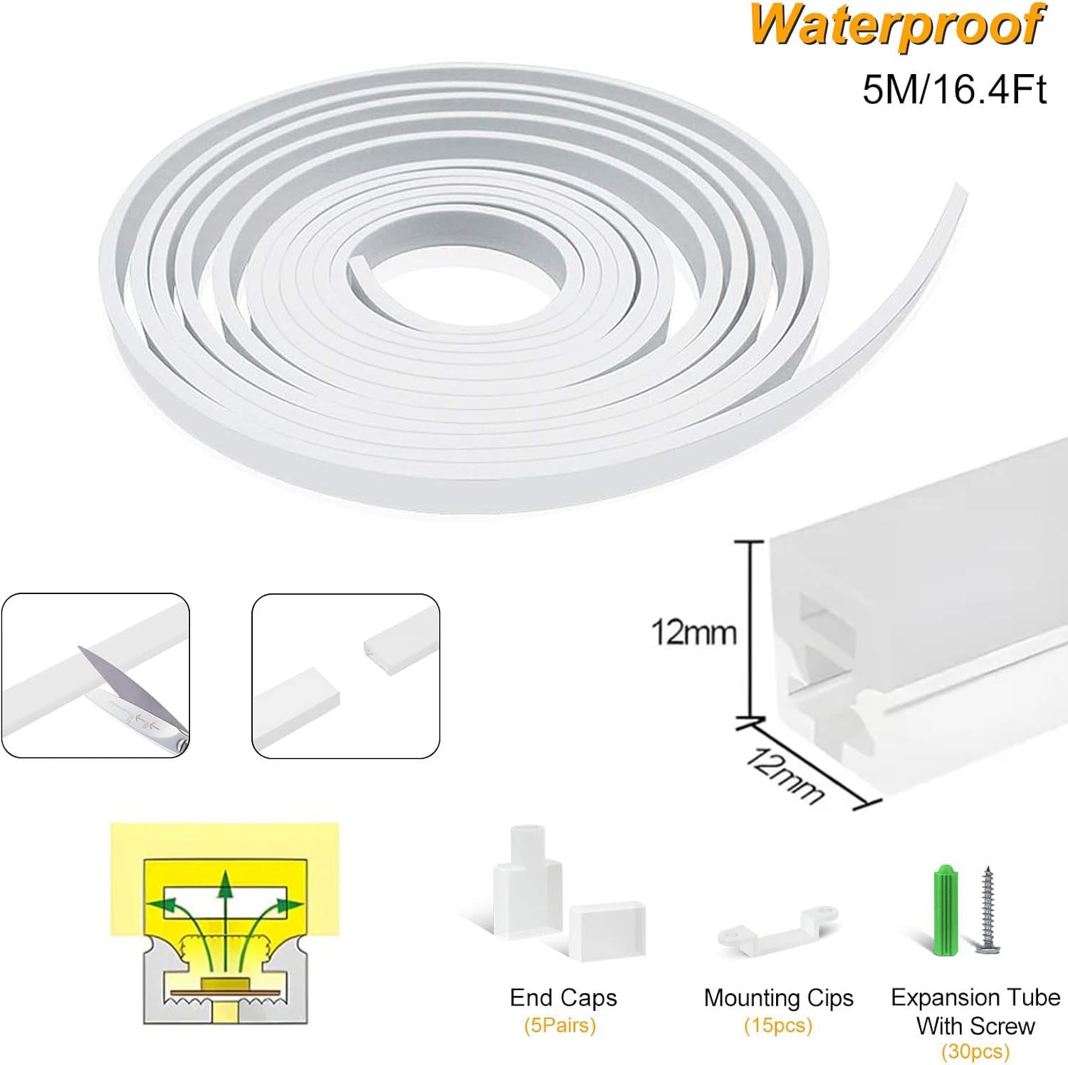 Neon Light Housing – S1212 | 12x12mm Silicone LED Channel System | IP67 Waterproof | 8mm PCB Width | 16.4FT/5M | Local Stock US/UK/DE