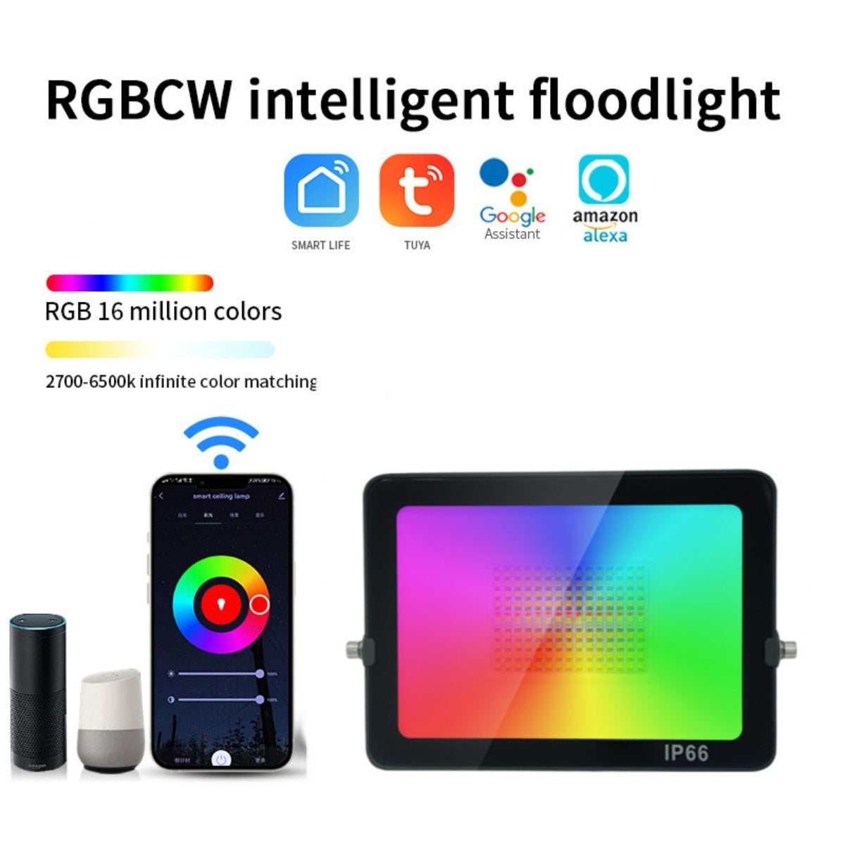 Smart RGBCW Outdoor LED Flood Light – 30W / 50W / 100W / 200W, WiFi & Bluetooth APP Control, 2700K–6500K Tunable White + 16 Million Colors, IP66 Waterproof Landscape Lighting with Music Sync, Timer & Group Control