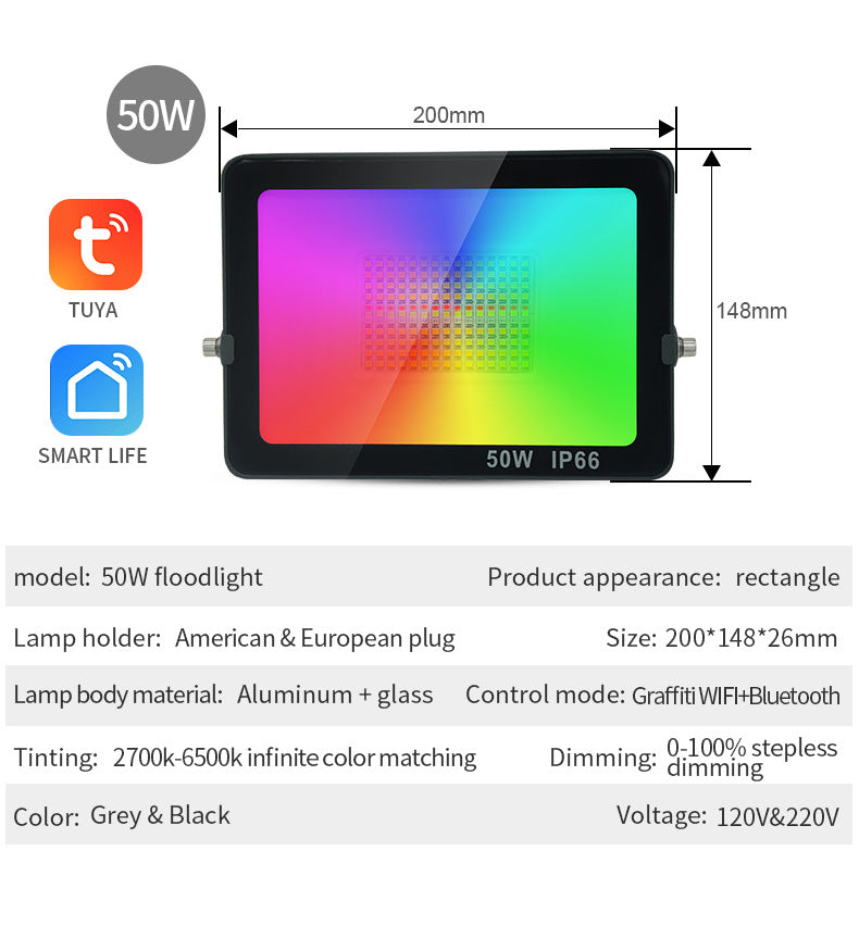 2 Pack 50W RGBCW Outdoor LED Floodlight WiFi Bluetooth RGBCW 2700K-6500K & 16 Million Colors, LED Landscape Lights, IP66 Waterproof