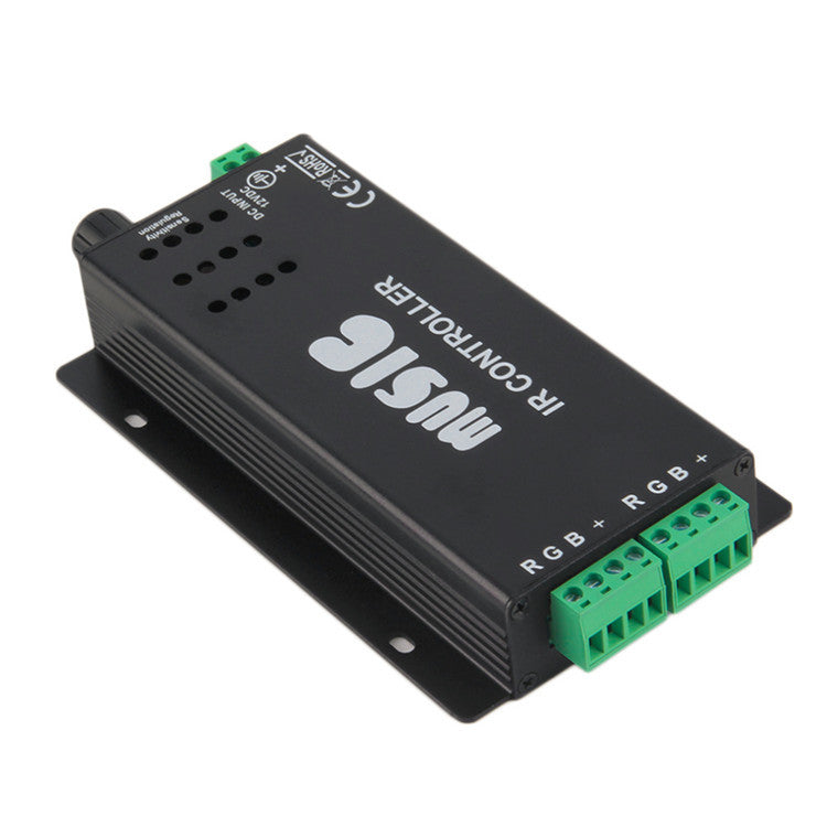 Sound/Music Sensitive RGB LED Strip Controller – DC12V-24V 12A | Black Aluminum Housing Controller with 24-Key IR Remote | For LED Strips