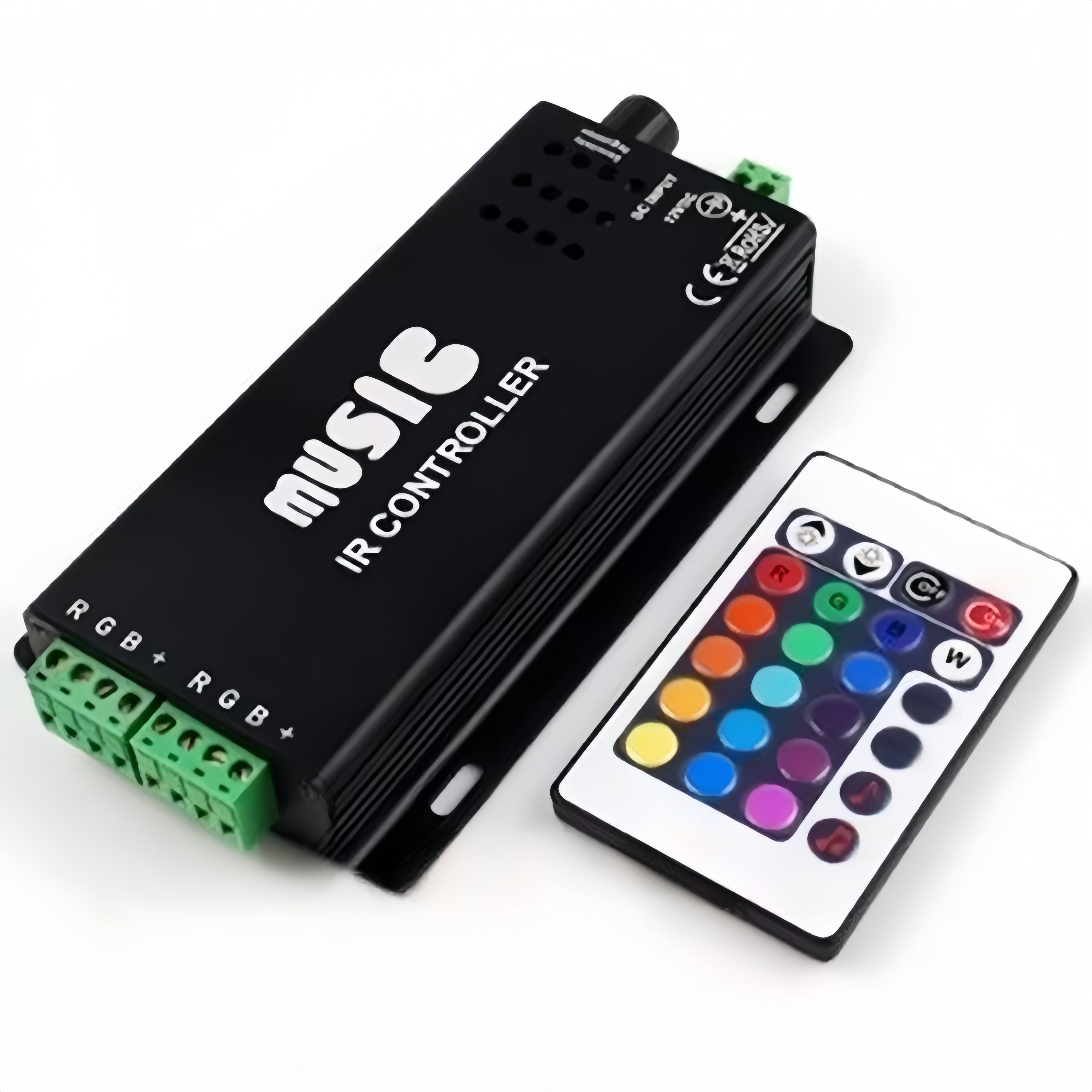 Sound/Music Sensitive RGB LED Strip Controller – DC12V-24V 12A | Black Aluminum Housing Controller with 24-Key IR Remote | For LED Strips