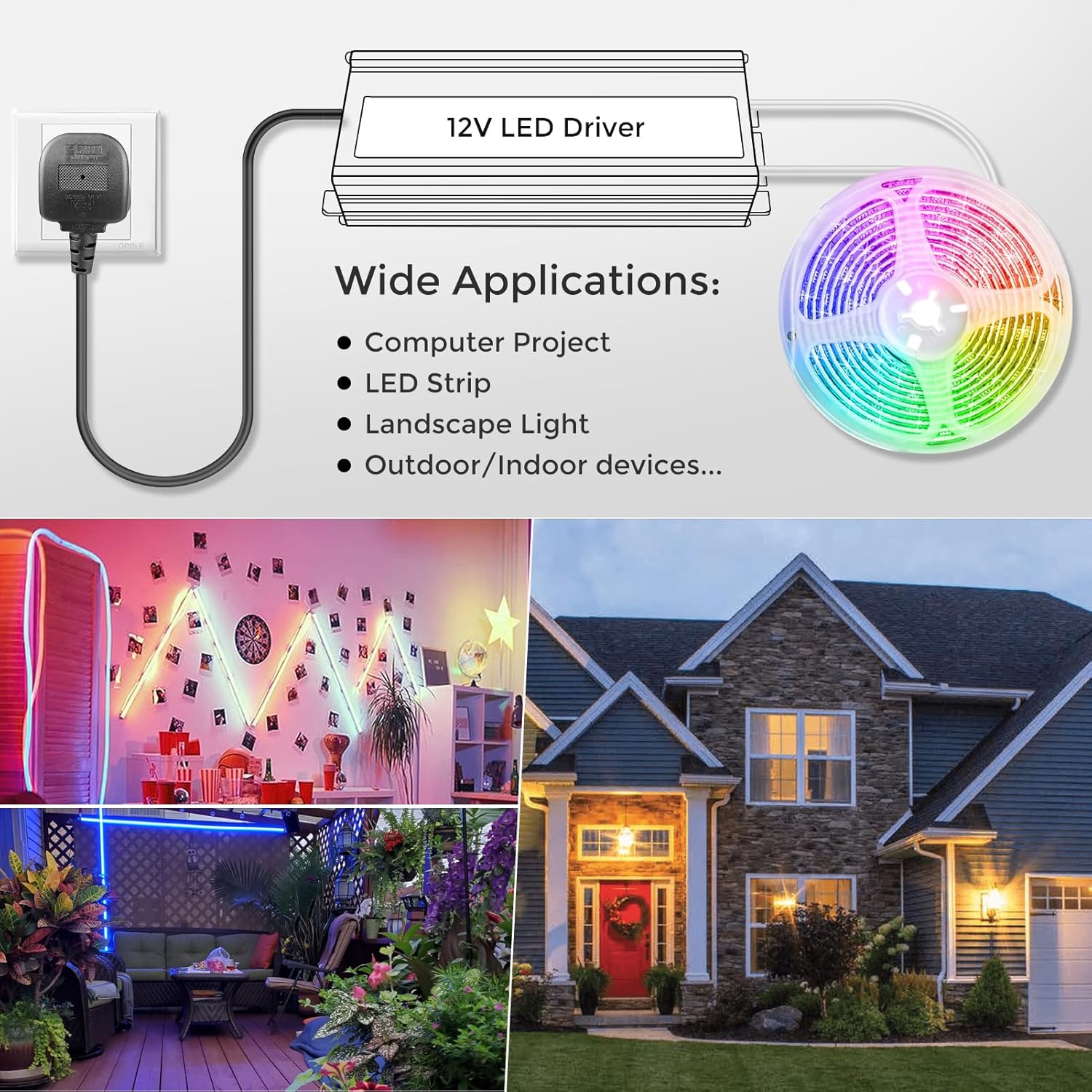 12V Waterproof LED Power Supply, 175–265V Input, 200W–500W, Single/Dual Wire Output, Outdoor LED Driver, CE/RoHS/FCC — UK/EU Plug & Wire Leads Options