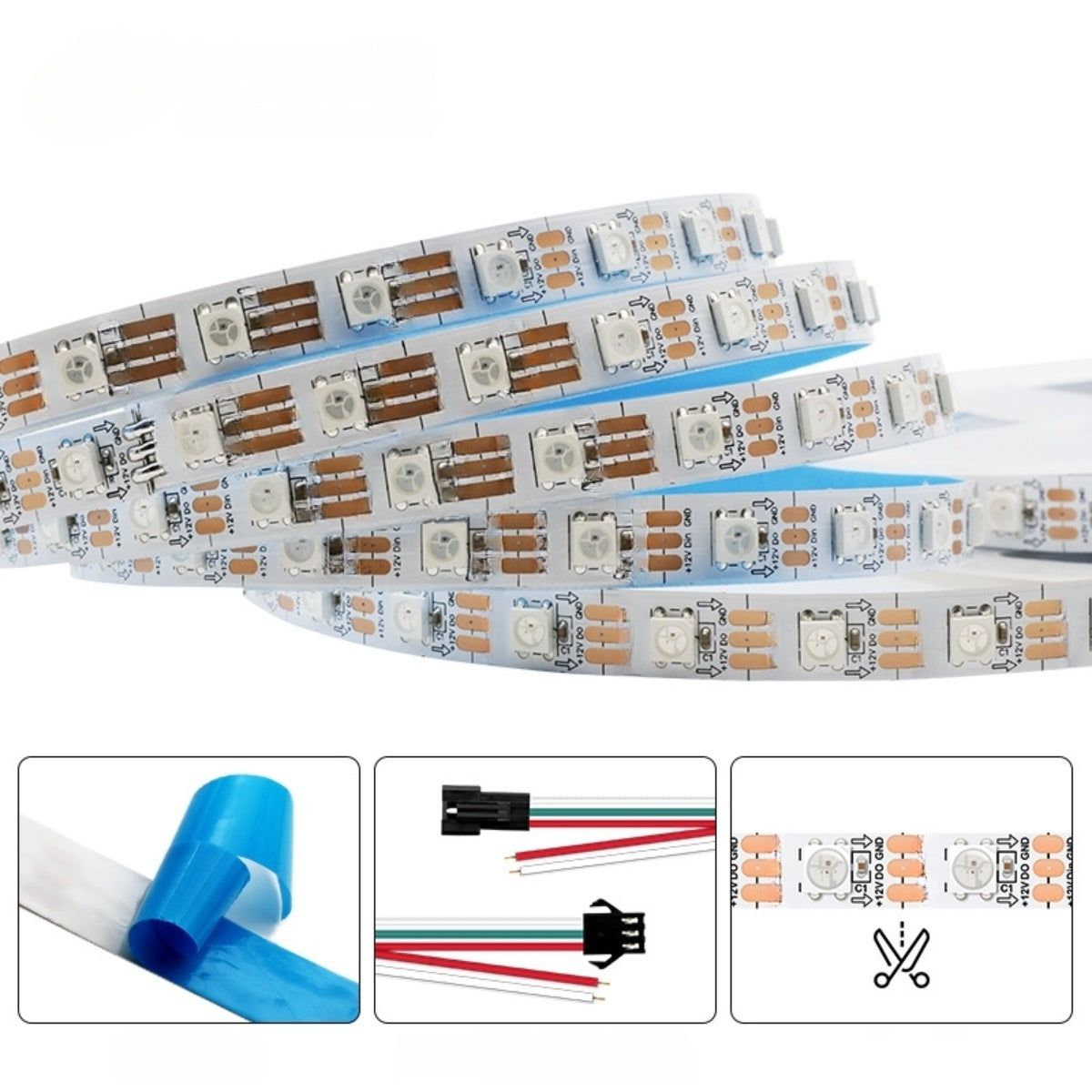 DC12V WS2812 RGBIC LED Strip Light - 10mm PCB | SMD5050 Individually Addressable | 30 / 60 LEDs/M | White PCB | IP00 / IP65 / IP67 | Flowing Multicolor LED Strip for Party, Decoration, Home DIY Lighting Projects | 5/50M