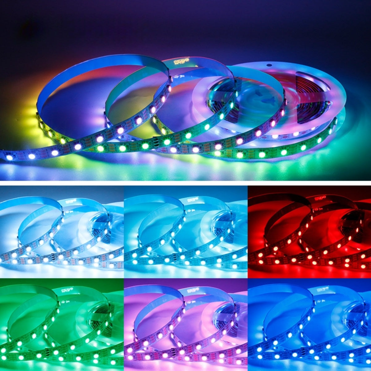 RGBIC LED Strip Light | WS2812 Individually Addressable | SMD5050 RGB | 60 LEDs/M | 5M (16.4FT) Roll | 5V DC | White/Black PCB | IP00/IP65/IP67 Options | Strip & Kit Packages