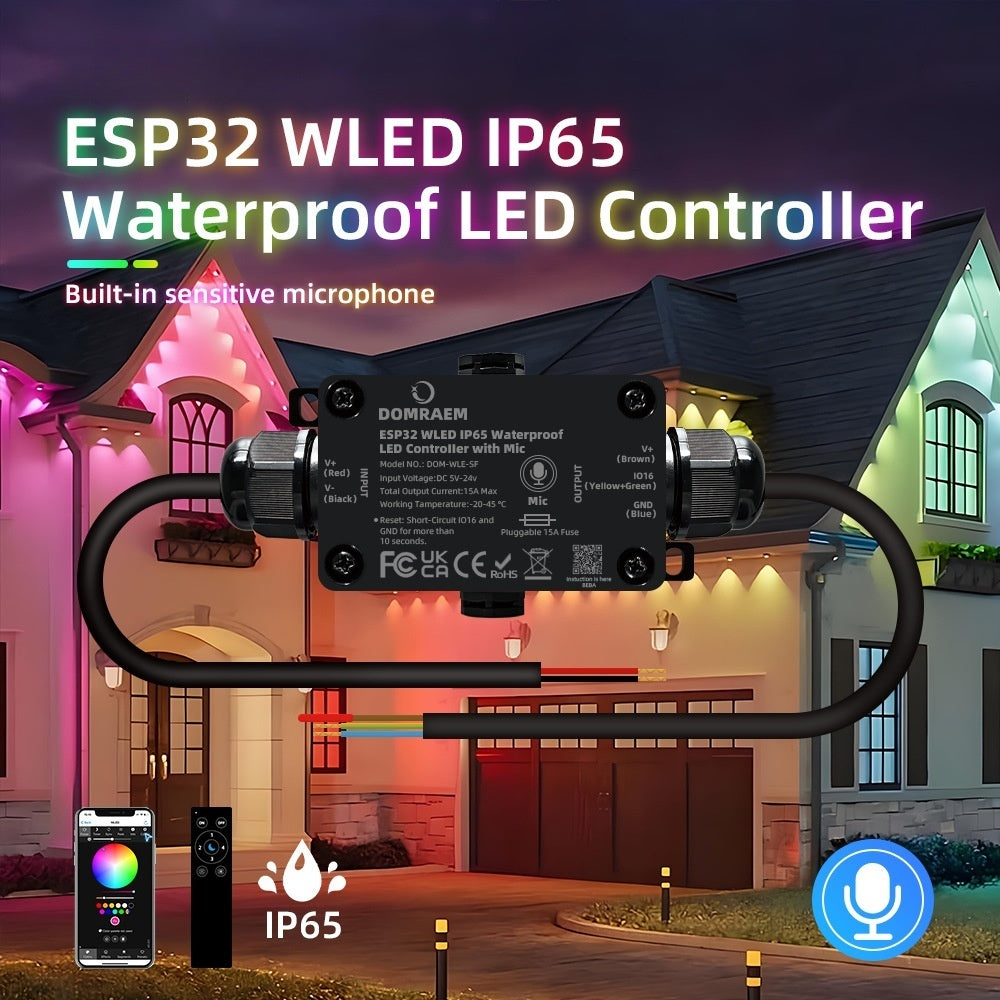 ESP32 WLED IP65 Waterproof Addressable LED Strip Controller | 5V/12V/24V | Single 15A / Dual 20A Output | Music Mic | Home Assistant & Alexa Compatible