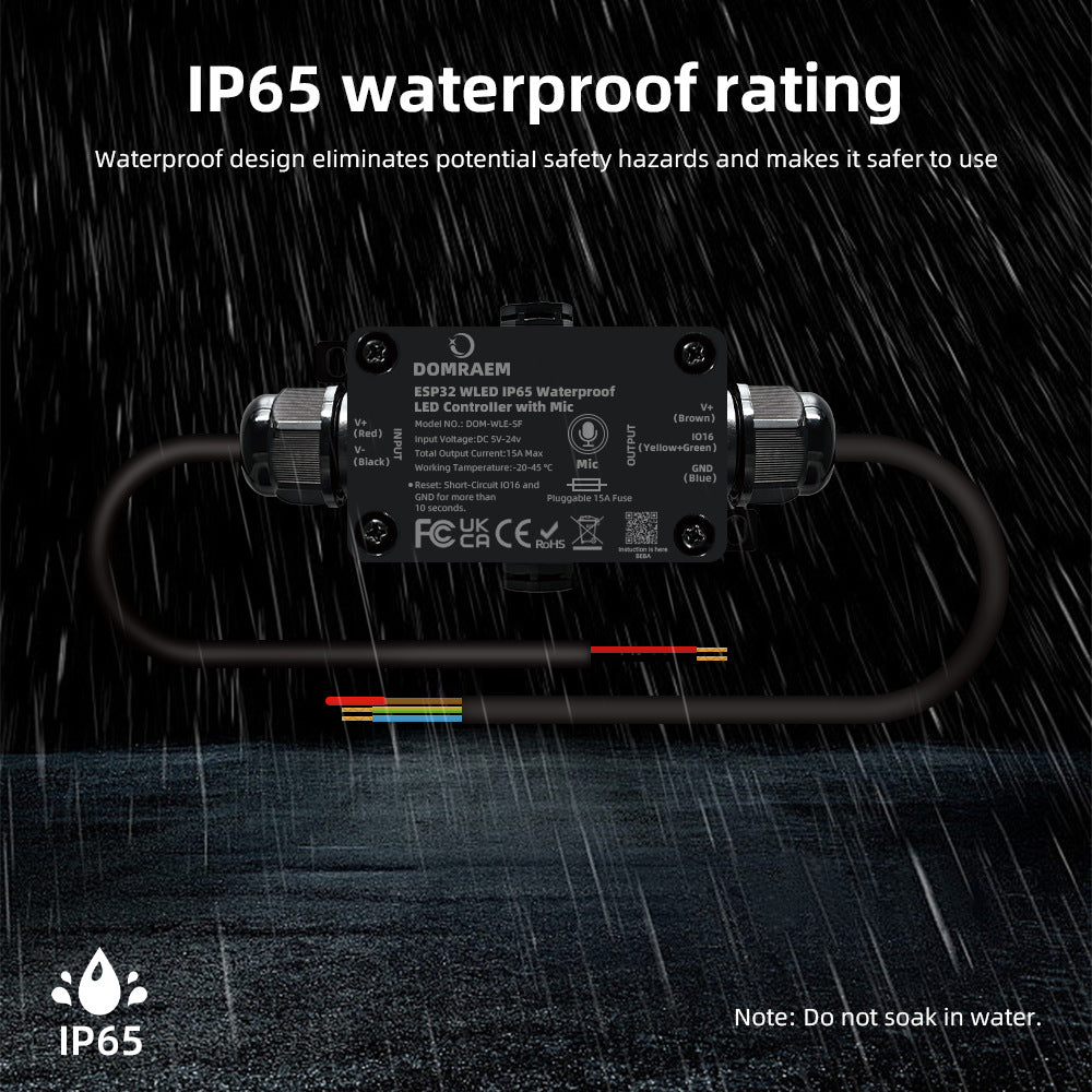 ESP32 WLED IP65 Waterproof Addressable LED Strip Controller | 5V/12V/24V | Single 15A / Dual 20A Output | Music Mic | Home Assistant & Alexa Compatible