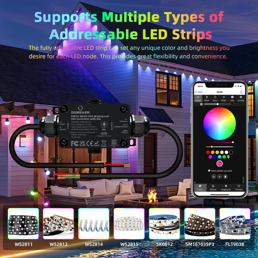 ESP32 WLED IP65 Waterproof Addressable LED Strip Controller | 5V/12V/24V | Single 15A / Dual 20A Output | Music Mic | Home Assistant & Alexa Compatible