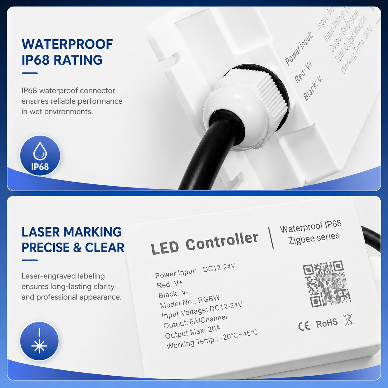 IP68 Waterproof Wireless LED Strip Controller DC 12–24V, 6A/Channel, Single Color, CCT, RGB, RGBW & RGB+CCT Options with Remote & Music Modes