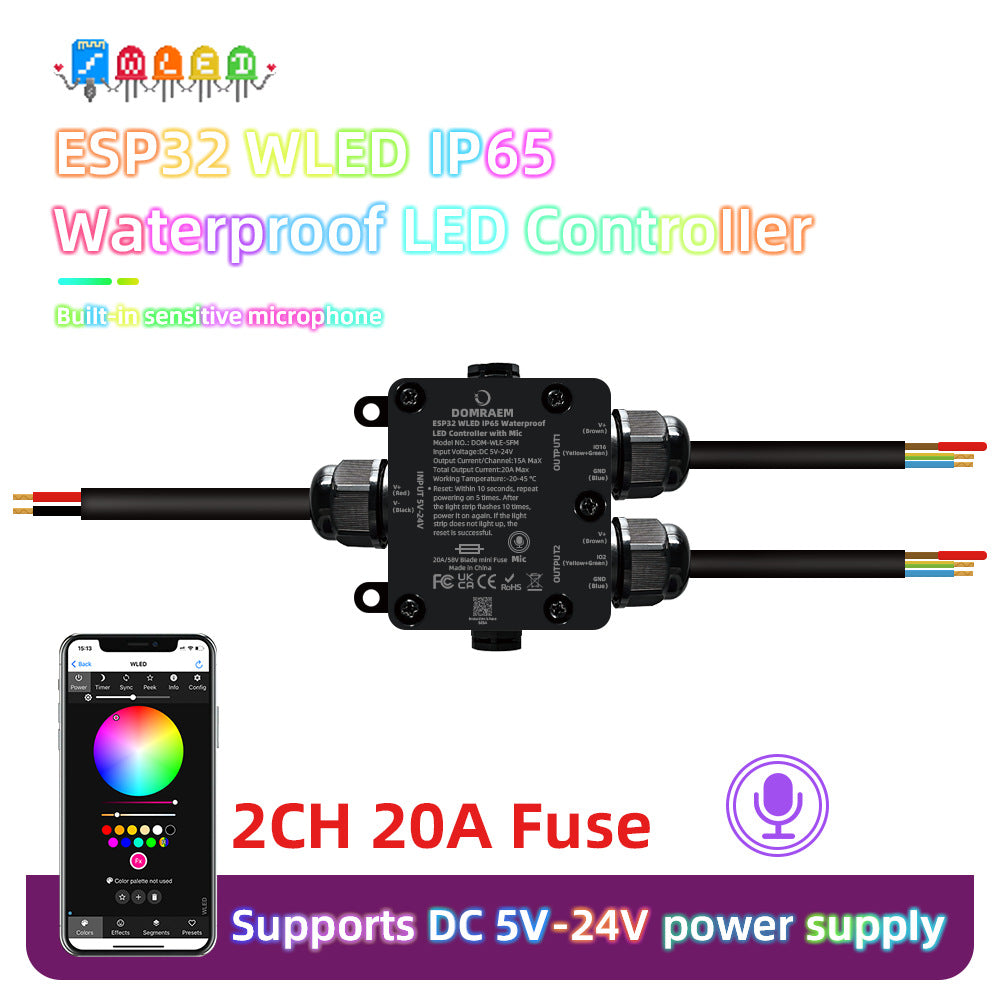 ESP32 WLED IP65 Waterproof Addressable LED Strip Controller | 5V/12V/24V | Single 15A / Dual 20A Output | Music Mic | Home Assistant & Alexa Compatible