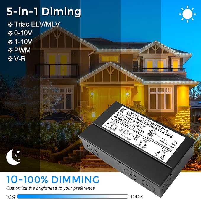 12 V DC 5-in-1 dimmbares LED-Netzteil, 60 W/100 W/200 W, UL-gelistet, AC 120–277 V Eingang, wasserdichter Treiber für Triac/ELV/0–10 V/PWM/resistive Steuerung