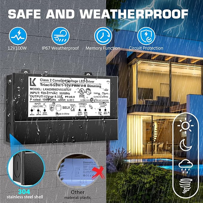 12 V DC 5-in-1 dimmbares LED-Netzteil, 60 W/100 W/200 W, UL-gelistet, AC 120–277 V Eingang, wasserdichter Treiber für Triac/ELV/0–10 V/PWM/resistive Steuerung