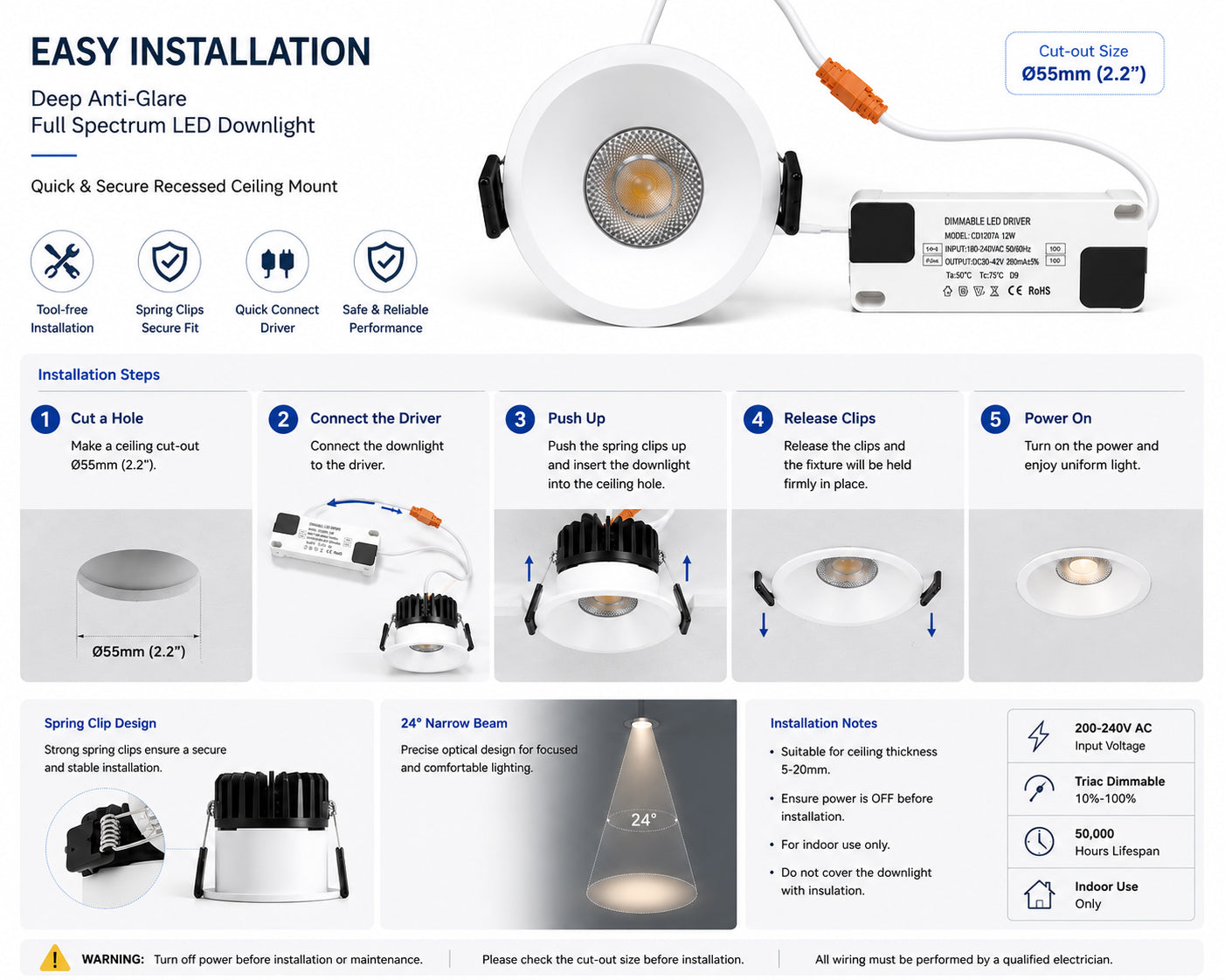PRO-2B Series Deep Anti-Glare Full Spectrum LED Downlight | 200–240V | 4/12 Pack | 7W / 9W / 12W | 3000K / 4000K / 5000K | 24° Beam | White Housing | CRI>95 | Commercial Ceiling Recessed Light