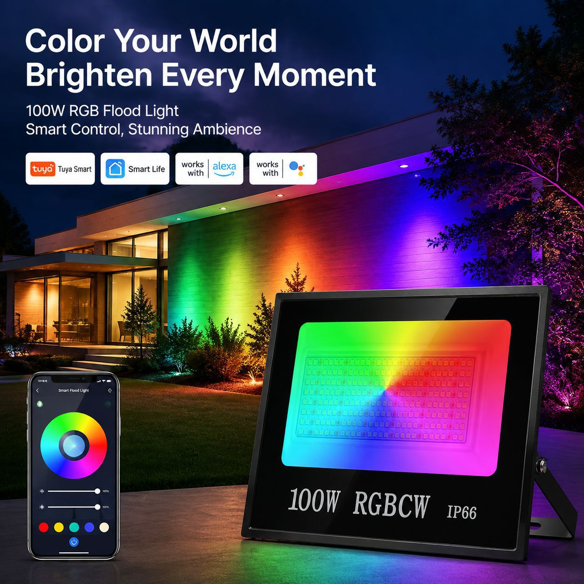 FL-SM Series Smart RGBCW LED Flood Light – 30W - 200W | Bluetooth / WiFi APP | 2700K–6500K Tunable White + 16 Million Colors | IP66 Waterproof Landscape Light with Music Sync | Works with Alexa & Google Assistant | With Plug | 2 / 10-Pack