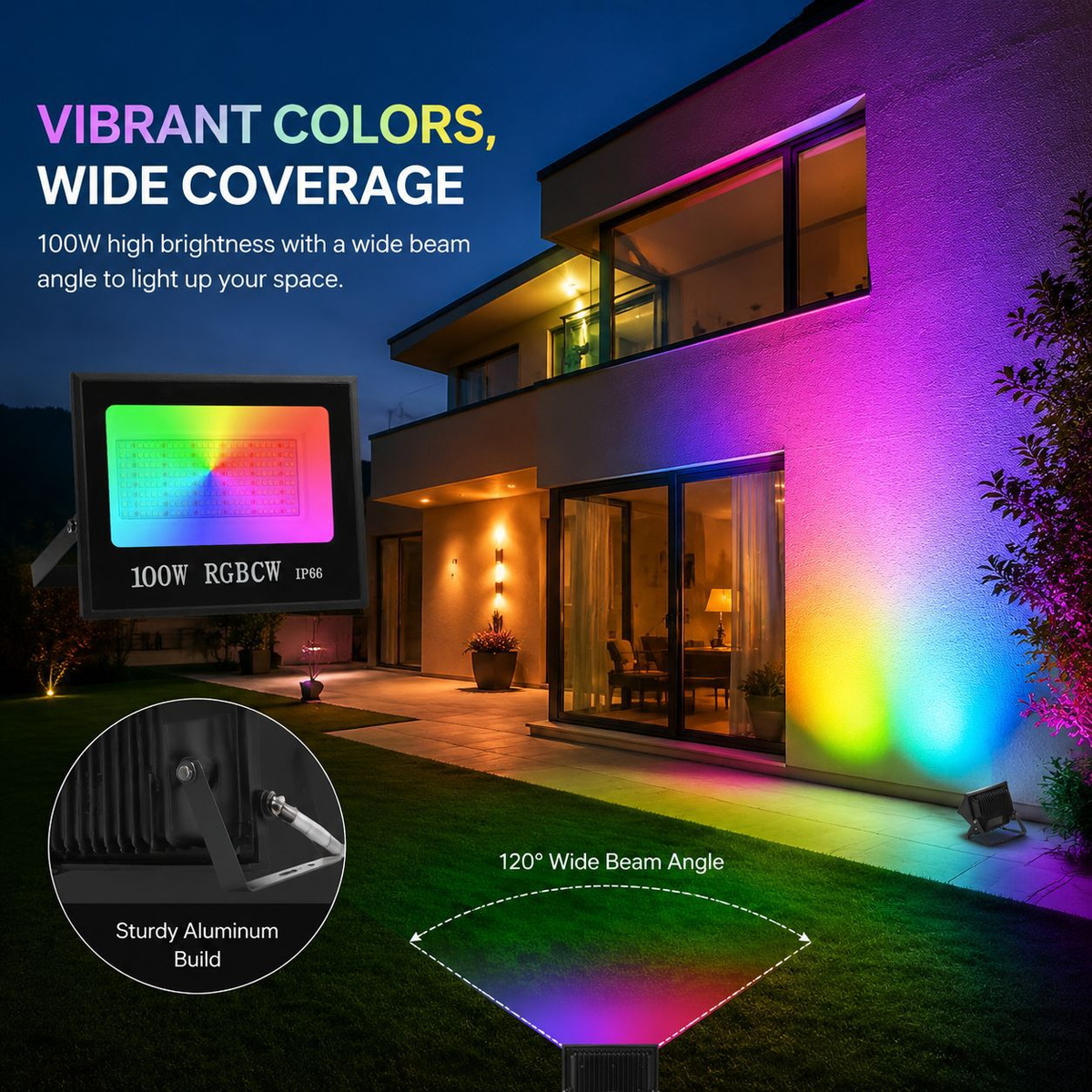 FL-SM Series Smart RGBCW LED Flood Light – 30W - 200W | Bluetooth / WiFi APP | 2700K–6500K Tunable White + 16 Million Colors | IP66 Waterproof Landscape Light with Music Sync | Works with Alexa & Google Assistant | With Plug | 2 / 10-Pack