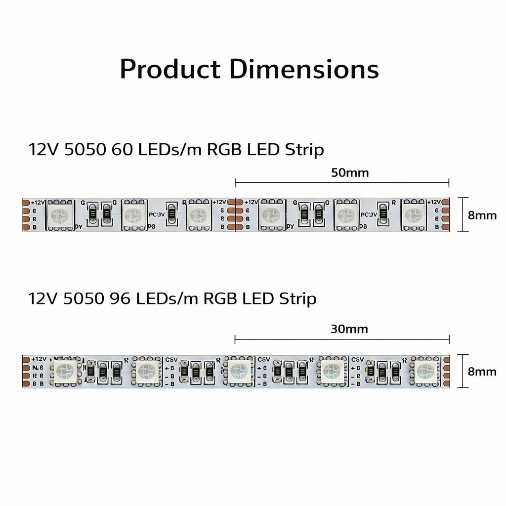 8MM Wide SMD5050 RGB LED Strip Light - DC12V | 60 LEDs/M | 8mm PCB | Non-Waterproof | for Mirror, Kitchen Cabinet, Bedroom | 5/50M