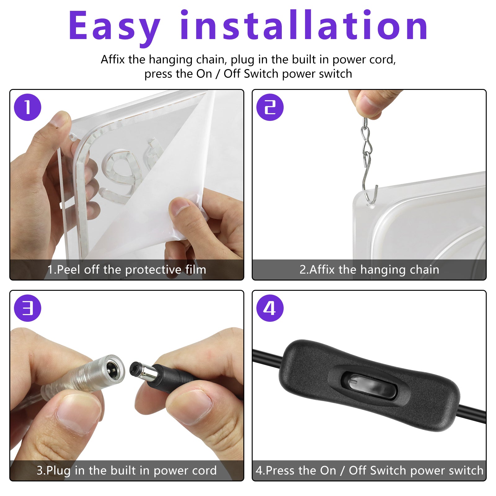 Enseigne néon « Ouvert 24h/24 » – Bleu glacier, jaune et violet | 40 x 23 cm | Suspension lumineuse pour vitrine de magasin ouverte 24h/24, prête à l'emploi