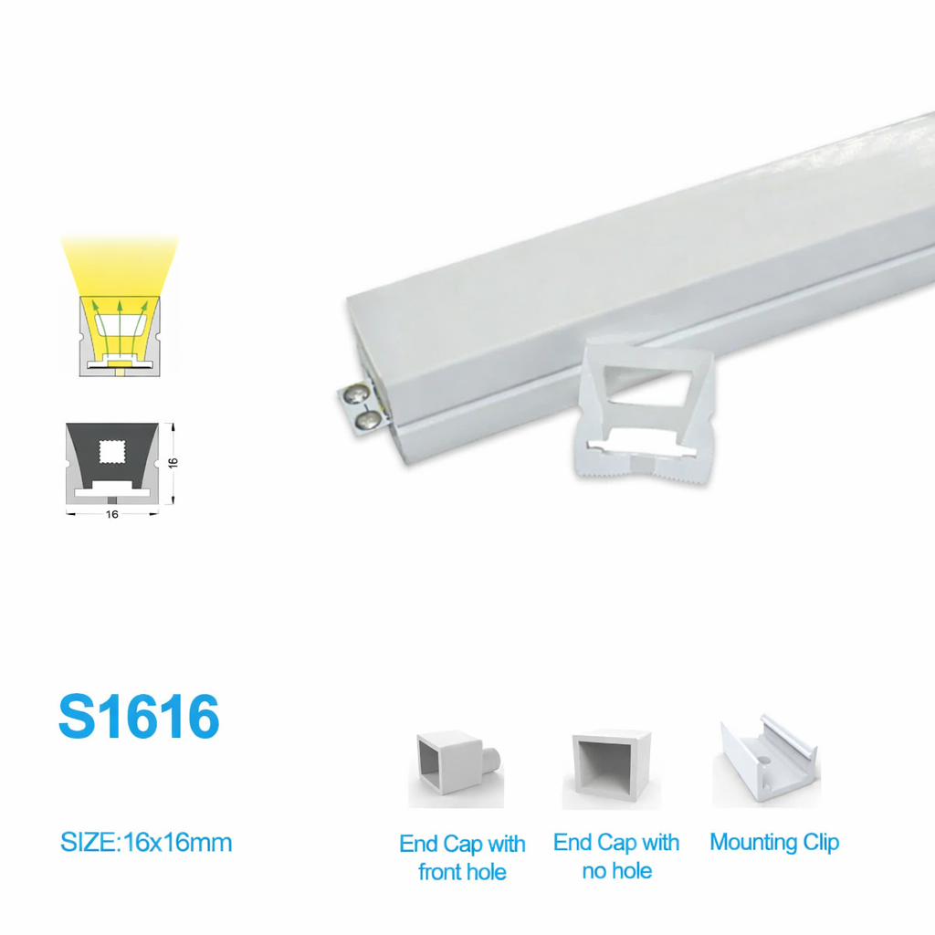 Neon Light Housing – S1616 Side Edge Lighting | 16x16mm Silicone LED Channel System | IP67 Waterproof | 12mm PCB Width | 164FT/50M