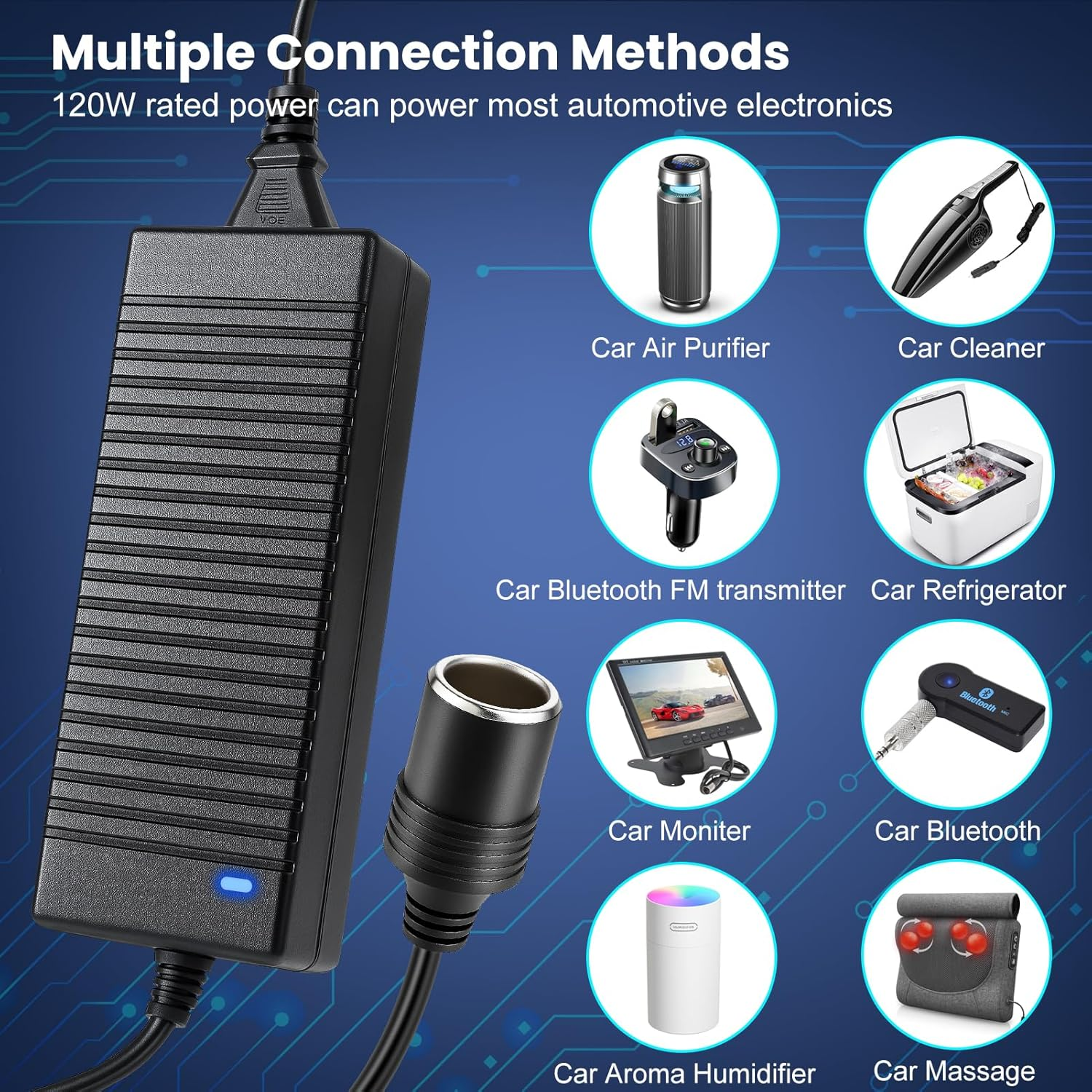 DC 12V Cigarette Lighter Desktop Power Supply Adapter 60W–120W, AC 100–240V Input, Converter Transformer with US/UK Plug — for Car Accessories, Air Pump, Cooler, and Electronics